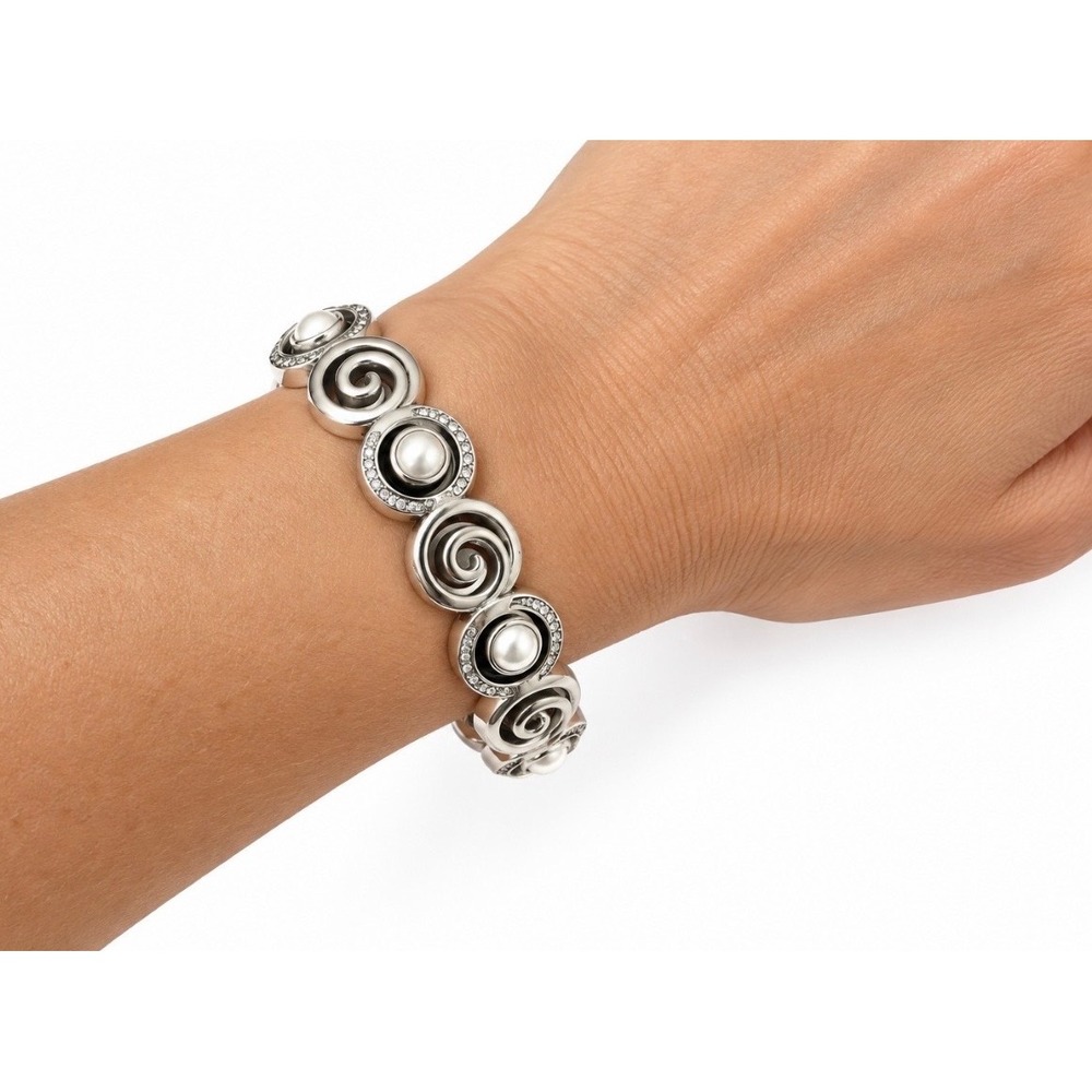 Brighton The Groovy Silver Tone Swirl Faux Pearl Pave Crystal Link Bracelet